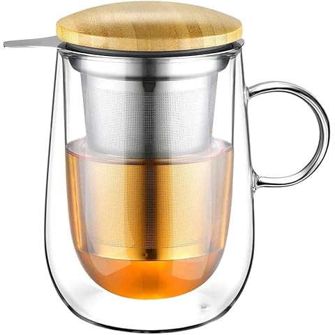 glastal Tea Infuser Mug 14.5oz Insulated Heatproof Glass Tea Cup with Removable Infuser and Lid, Clear Glass Teacup 430ml Double Wall Borosilicate Glass Teacup for Loose Tea, Gifts for Parents Dad Mum Cover