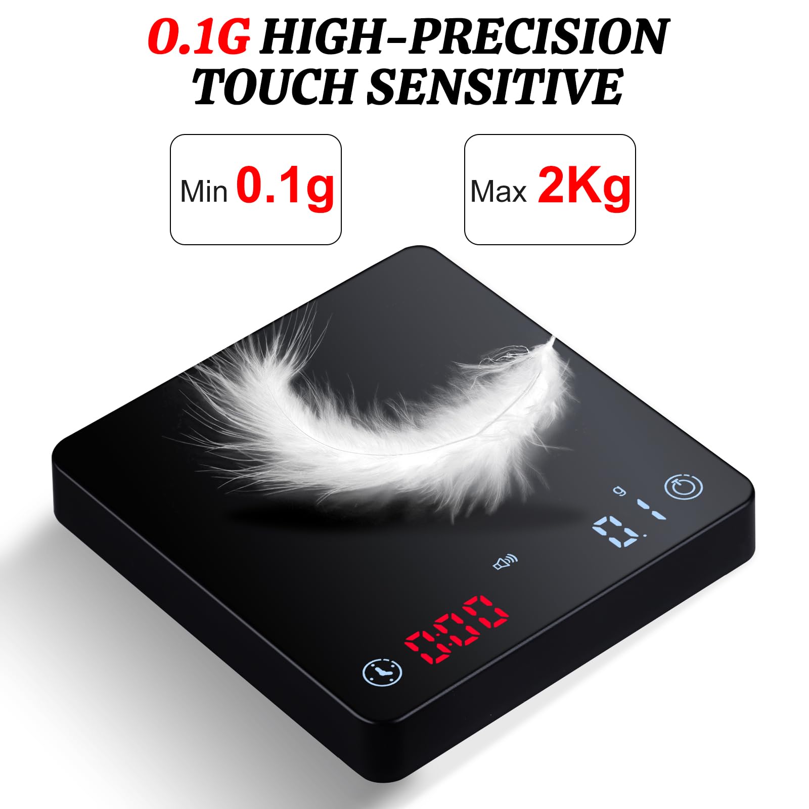 Mini waga do kawy z timerem i ładowarką USB, 2 kg/0,1 g, precyzyjna waga espresso, przenośna cyfrowa waga kuchenna z wyświetlaczem LCD/timerem