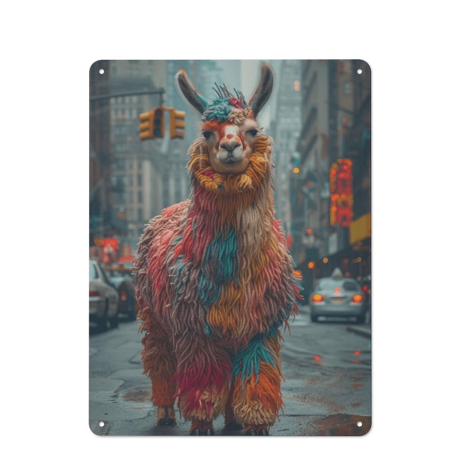 Junmoney Style-7 Colorful Llama In City Rustic Tin Wall Plaque 40X30cm For Guest Room Or Hallway, For Garage, Workshop And Man Cave Decoration