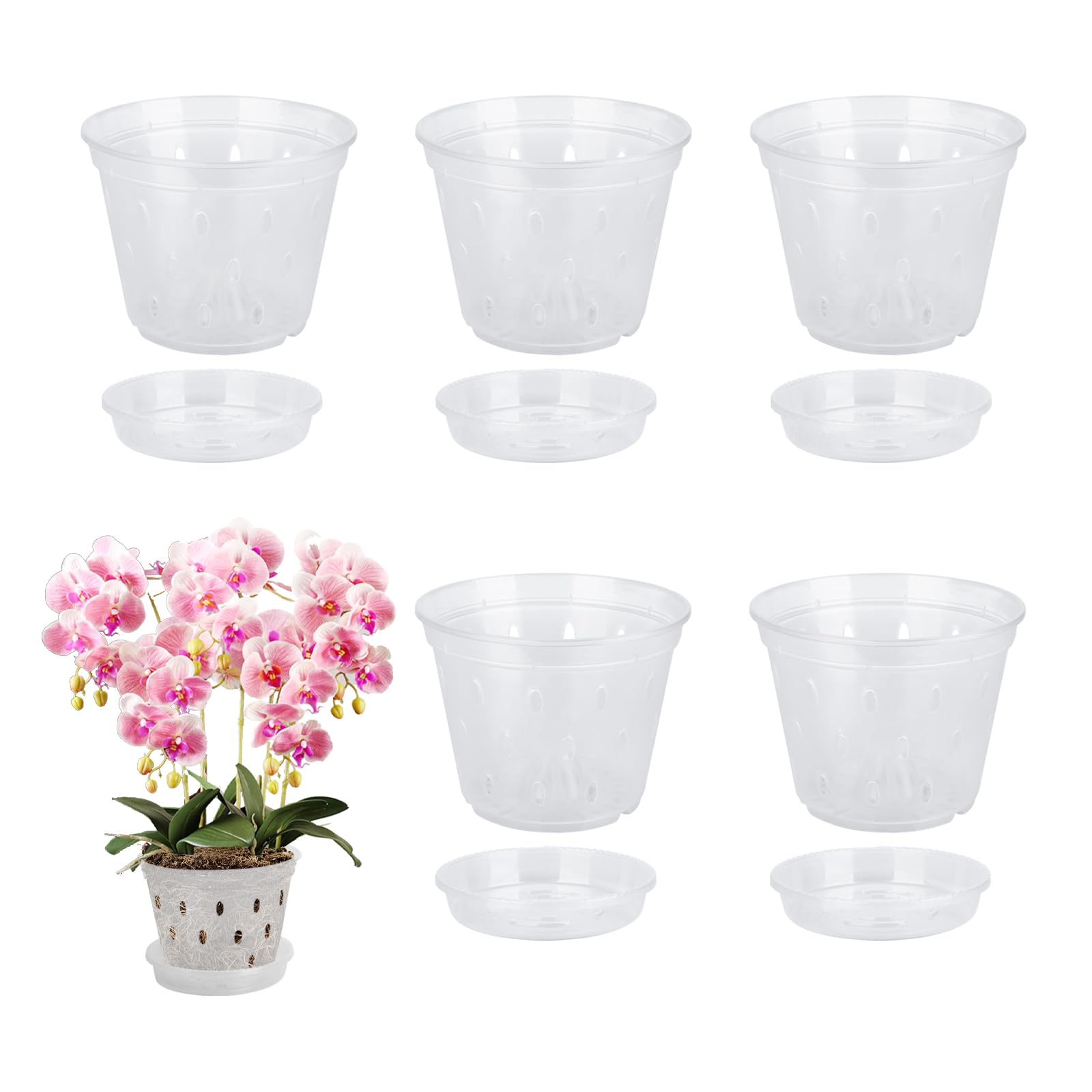 Yanuojie Seedling Pot, 5Pcs Plastic Clear Orchid Pot with Holes and Tray 14cmx10.5cmx9.3cm(Tray 13x2.5cm)