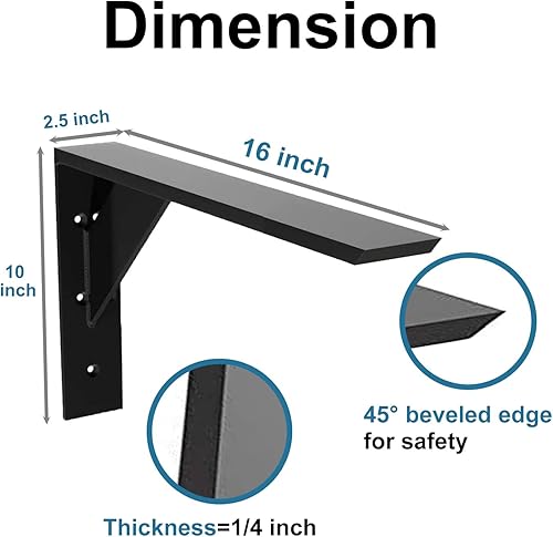 Miniatura 2 de Soportes de estante resistentes, paquete de 2 soportes de estante de 12 x 10 x 2.5 pulgadas, acero negro de 38 pulgadas de grosor, soporte en L para
