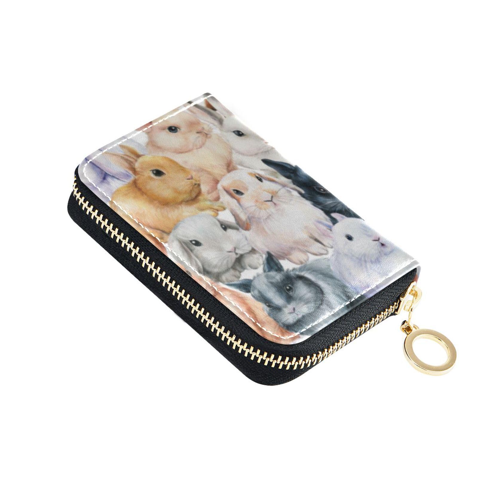 Sletend Watercolor Rabbit Animal RFID Credit Card Holder Leather With Zipper Card Case Wallet for Women Girls