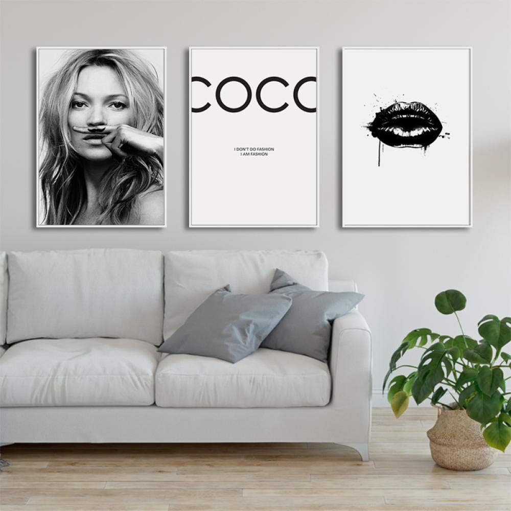 Abstract Modern Fashion Girl Wall Art Canvas Painting Black White Coco Lip Salon Poster Print Picture for Living Room Home Decor 50x70cm No Frame