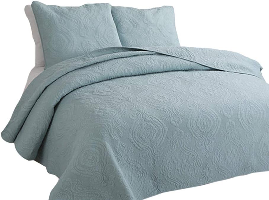 Solid Color 3-Piece Quilt Set 100% Cotton, Bedspread Set, Finely Stitched, Coverlet Bed-Cover, Washable Durable (King, Blue)