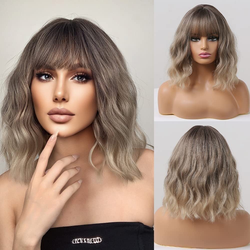 POLOSU Short Bob Ombre Ash Blonde Wigs with Bangs for Women, Body Wavy Bob Wig Shoulder Length Synthetic Hair for Daily Halloween Party Cosplay