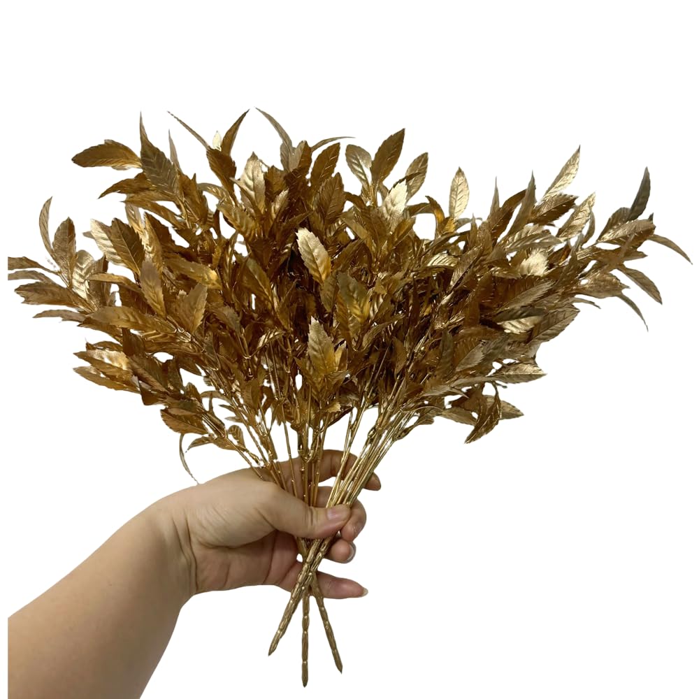 Rikyo 4 Bunches Gold Artificial Plant,14" Tropical Bush Embellishing Holiday Florals,Indoor Outside Party for Flower,Flower Wreaths,Wedding Backdrop Arch Wall (Gold Leaf)