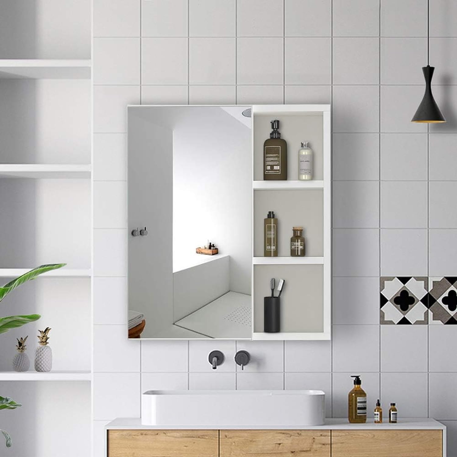 CLIPOP Armoire à Miroir Murale, Armoire de Salle de Bain avec Miroir, 3 Étagères Ouvertes et Étagère Réglable, pour Buanderie, Chambre, Salon