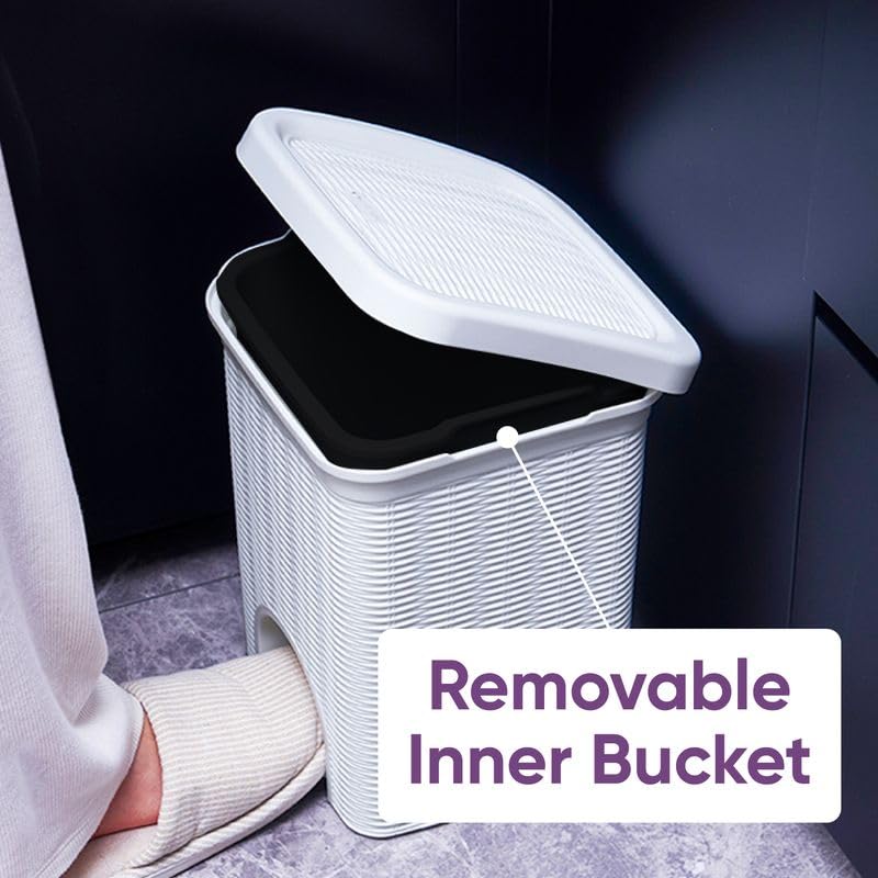 Image of Superio 2-Pack Mini 6L Step Pedal Trash Can - Wicker Design, Hidden Mechanism, Durable Plastic, Ideal for Desktop, Countertop, Pet Waste /Dog Poop- White