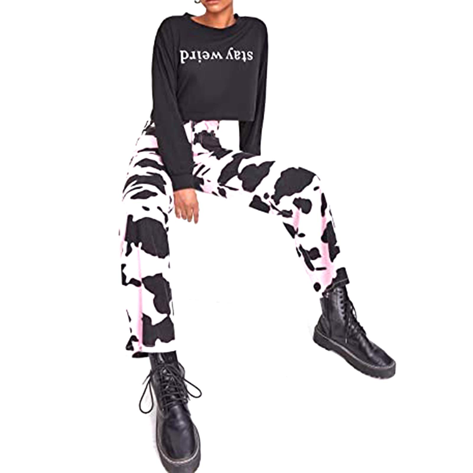 LYSINK Pantaloni casual da donna Y2k Denim stampa mucca pantaloni a vita alta gamba dritta jeans blocco di colore pantaloni larghi con tasca