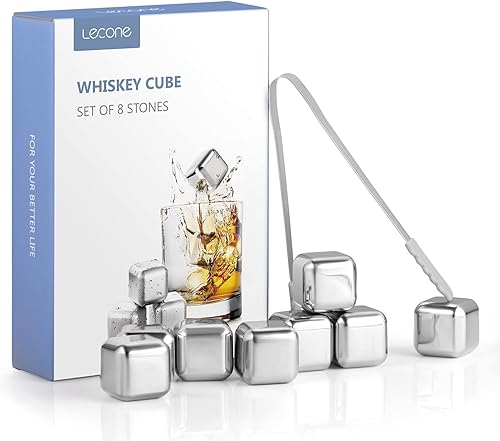 Miniatura 1 de Lecone Cubos de hielo de whisky reutilizables para bebidas, juego de 8 piedras de whisky de acero inoxidable con pinzas de hielo para whisky, vodka,