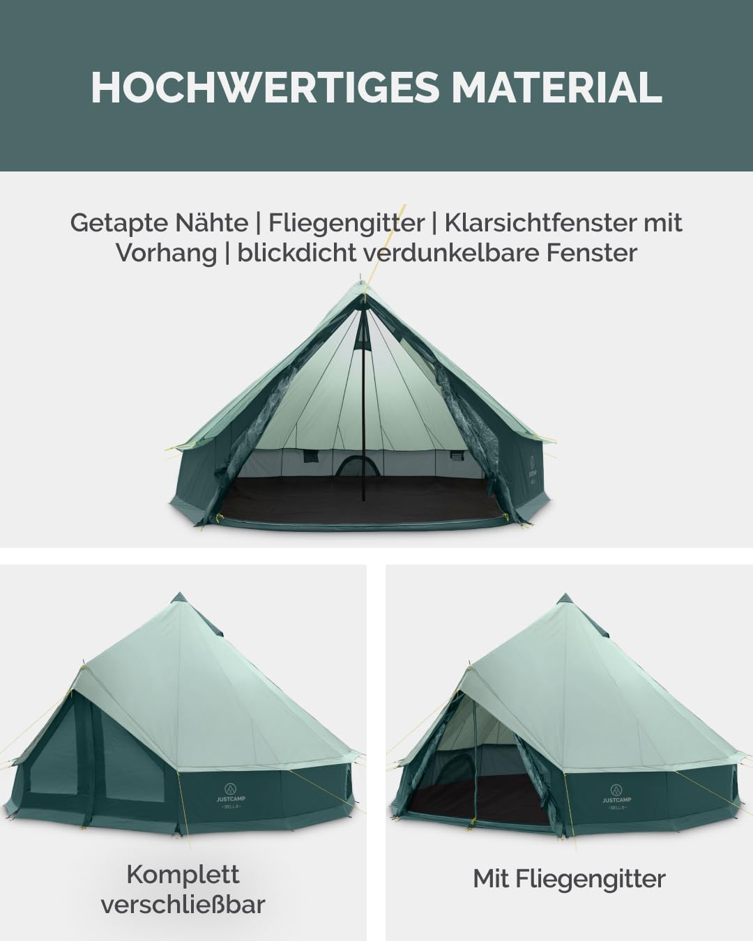 JUSTCAMP Bell Tipi Zelt für 4-12 Personen - Familienzelt Grau oder Mint