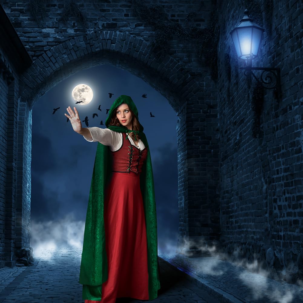 AOOWU Zielona peleryna, Halloween, peleryna z kapturem, czarownica, akcesoria do cosplay, kostium dla dorosłych, ponury żniwiarz, peleryna, długi płaszcz dla wampira, na Halloween, imprezę rodzinną