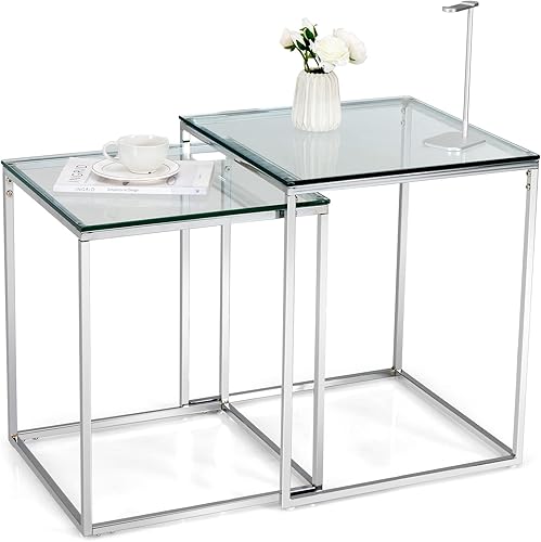 GOFLAME Juego de 2 mesas auxiliares anidadas mesas de centro minimalistas con parte superior de vidrio templado marco de acero inoxidable