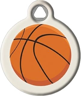 Dog Tag Art Basketball Personalized Sports Themed Pet ID Tas for Dogs and Cats, Silent Polymer Coated Stainless Steel Nametag with Customized Identification Information - Small .875" Diameter