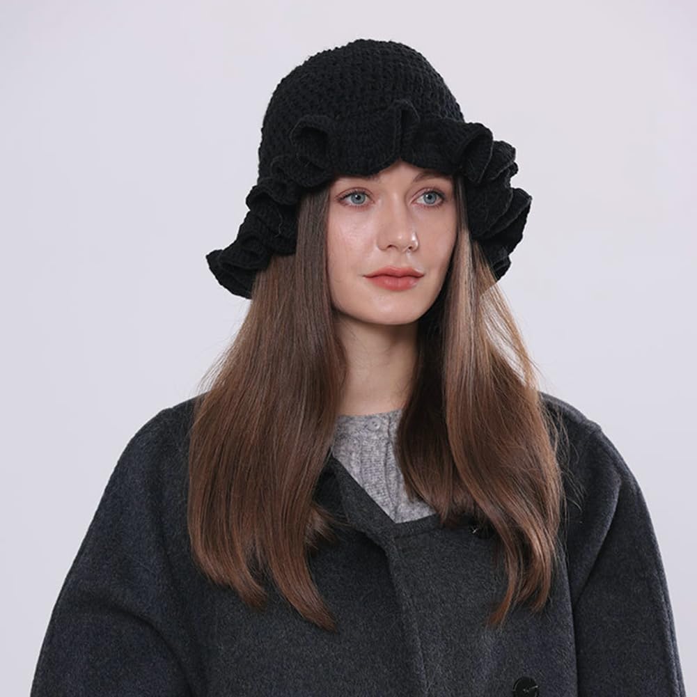 Crochet Bucket Hat Beanie Knit Hat Y2K Skull Cap for Woman Handmade Foldable Floppy Cap Fall Winter Floral Hat Black