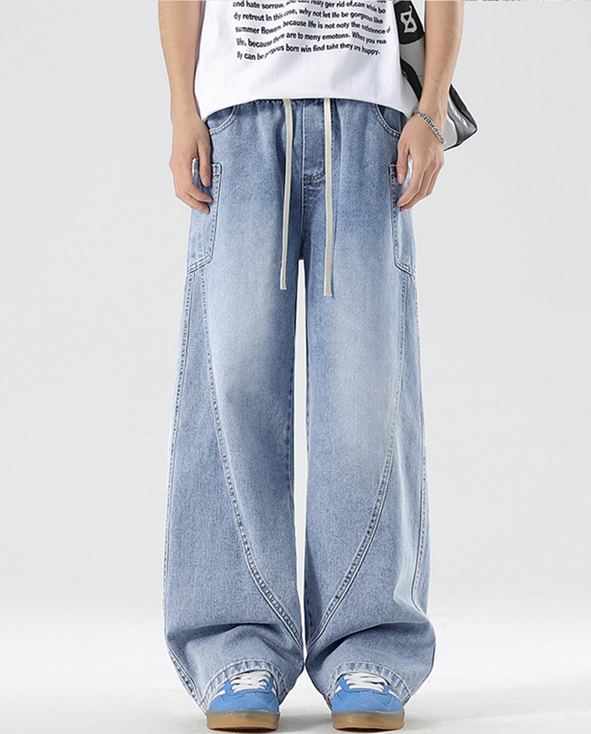 Men's Elastic Waist Baggy Jeans Y2K Wide Leg Loose Fit Denim Pants Hip Hop Skater Jeans with Multiple Pockets - Image 2