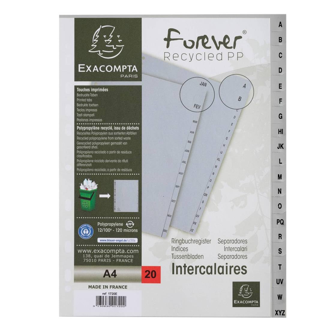 Exacompta - Ref 1720E - PP Printed Indices - For Use With A4 Documents, 0.1mm Polypropylene, Pre-Punched, Soft & Tear Resistant - 20 Divider Parts (A-Z) - Grey