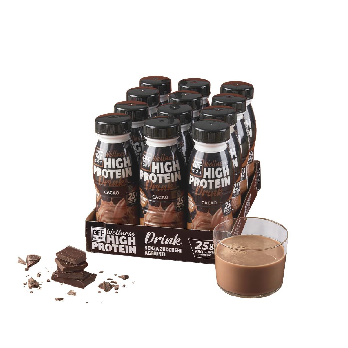 GFF Go For Fit | Drink Proteico Gusto Cacao, Bevanda a Base di Proteine del Latte, Basso Contenuto di Grassi e Senza Zuccheri Aggiunti, 12 x 250ml