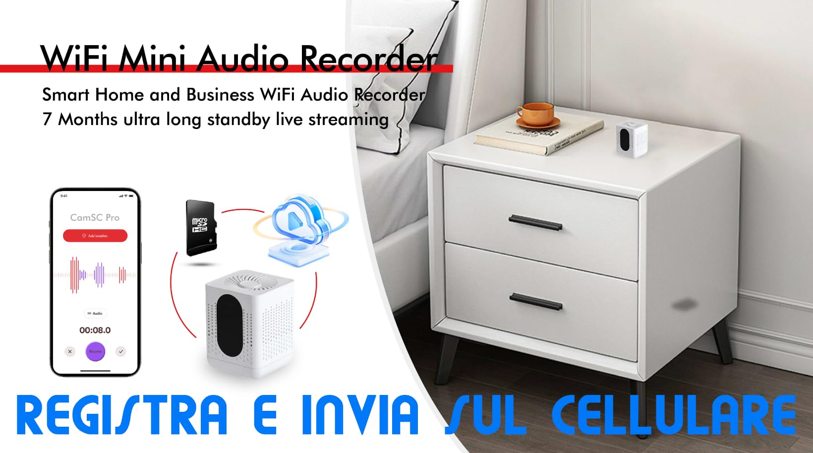 Registratore Audio spia WiFi a Lunga Durata Colore Bianco Compatto e Portatile Design Moderno Antifurto casa ufficio (Wifi F07)