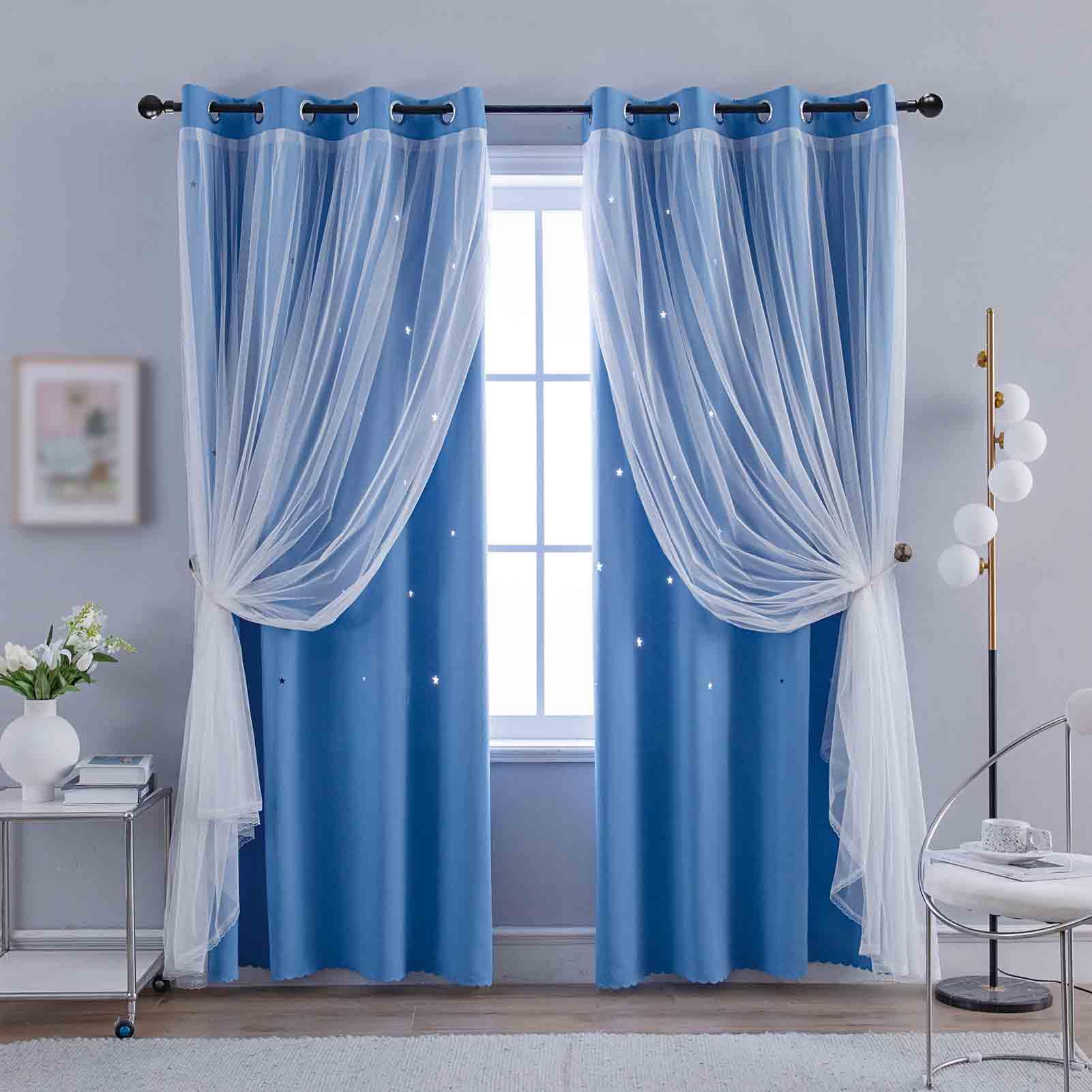 Anytime Romantic Kids Curtain,Hollow-Out Stars Window Curtain Double Layer Blackout Curtains for Girls Bedroom Kids Room 2Panel,(W52 x L72,Blue)