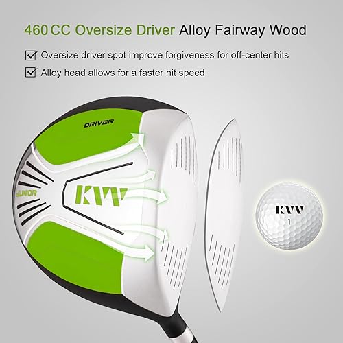Miniatura 5 de KVV Junior - Juego completo de palos de golf para niños y niños, mano derecha, incluye conductor de gran tamaño, hierros, putter, cubierta para la