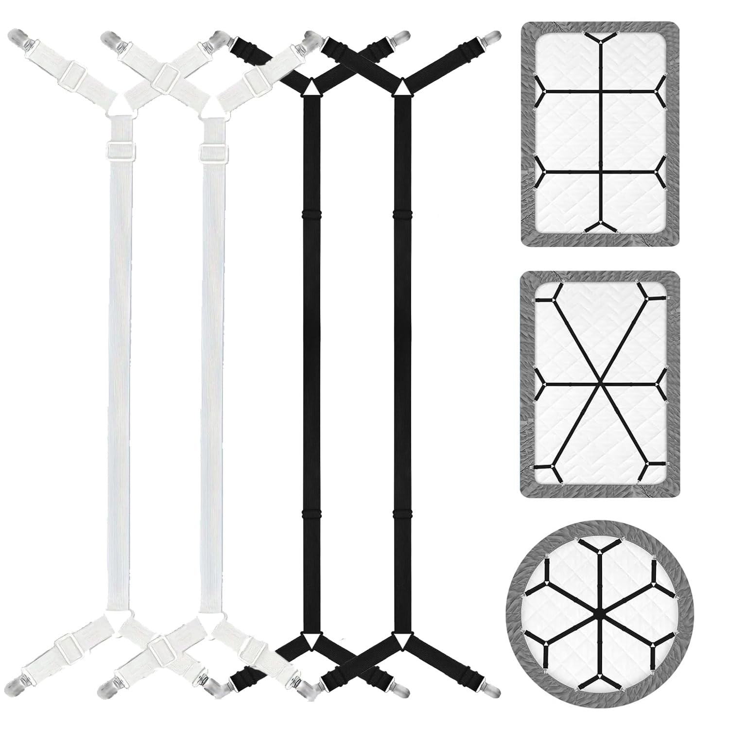 Jyvlucient Bed Sheet Holder 4Pcs Bed Sheet Clips Adjustable Bed Sheet Straps Elastic Sheet Straps Suspenders Clips for Bedding, Fitted Bed Sheet Grippers to Keep Sheets in Place White Black