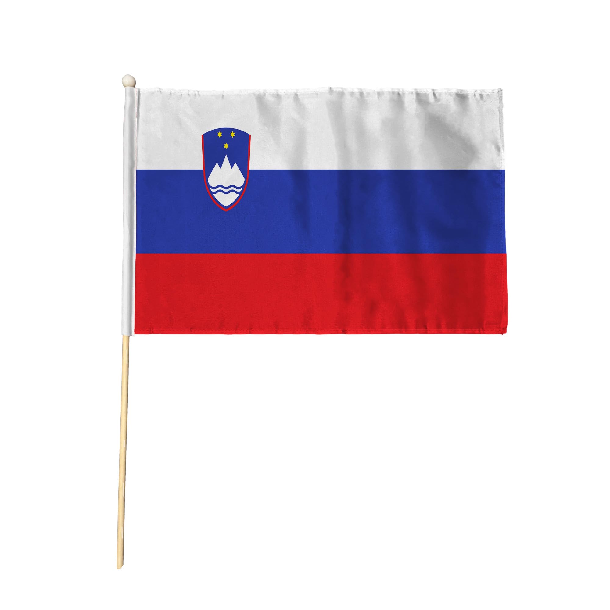 Flagtex Slovenia Pack of 2 Hand Waving Flag (9x6 Inch) - Premium Wooden Stick Hand Flag 9x6 Inch Natural Wood Pole European White Blue Red Mount Triglav Coat of Arms Flag Events