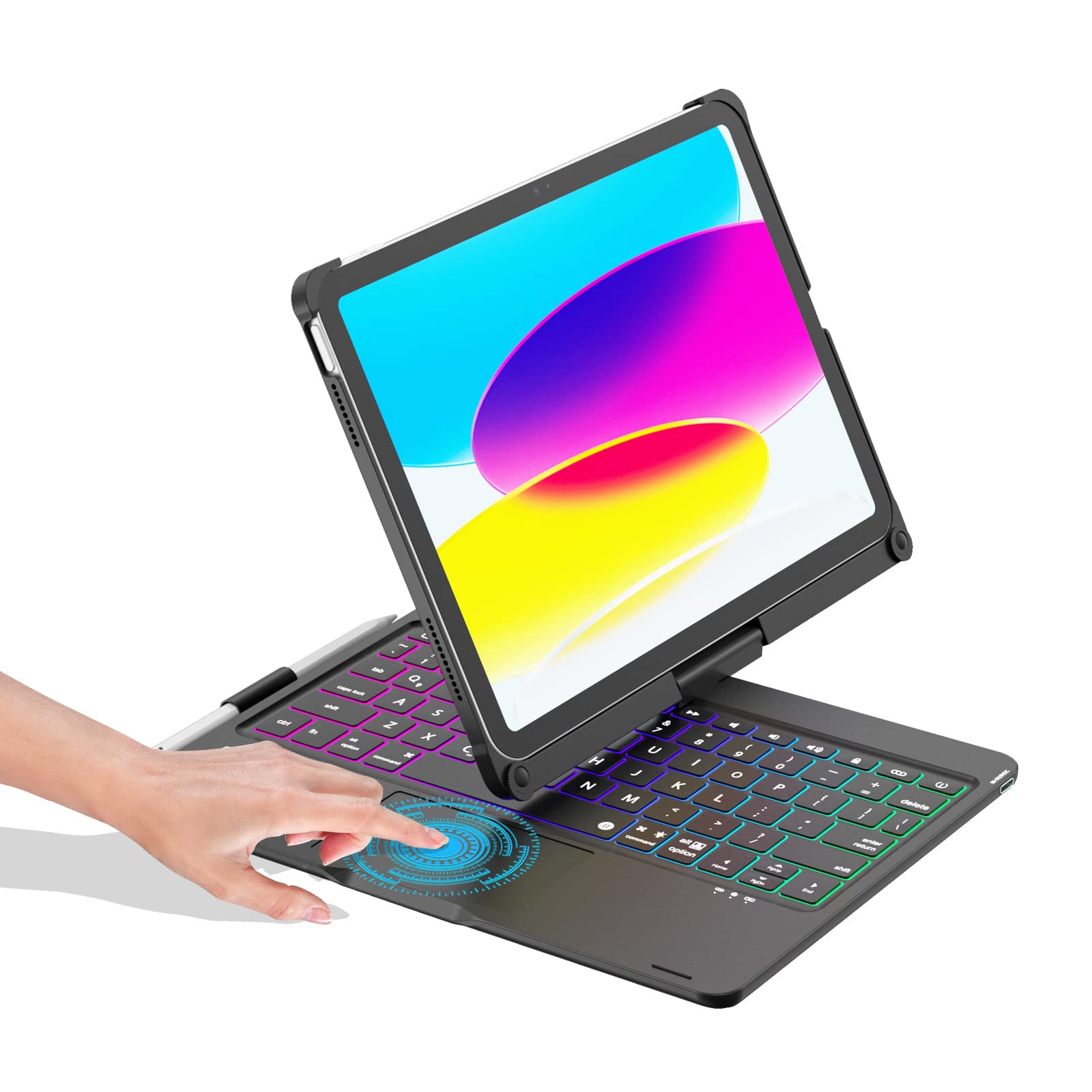 BABG iPad 10th Generation Case with Keyboard(2022), Multi Touchpad, 360°Swivel, Rainbow Backlight, Pencil Holder for iPad 10th Gen 10.9 inch 2022 - Black