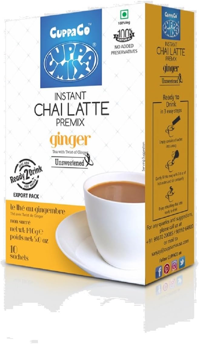 Instant Ginger Chai Latte by CuppaMix | Premium, Natural, Low Calories Chai Tea Mix | (Pack of 2) (Unsweetened)