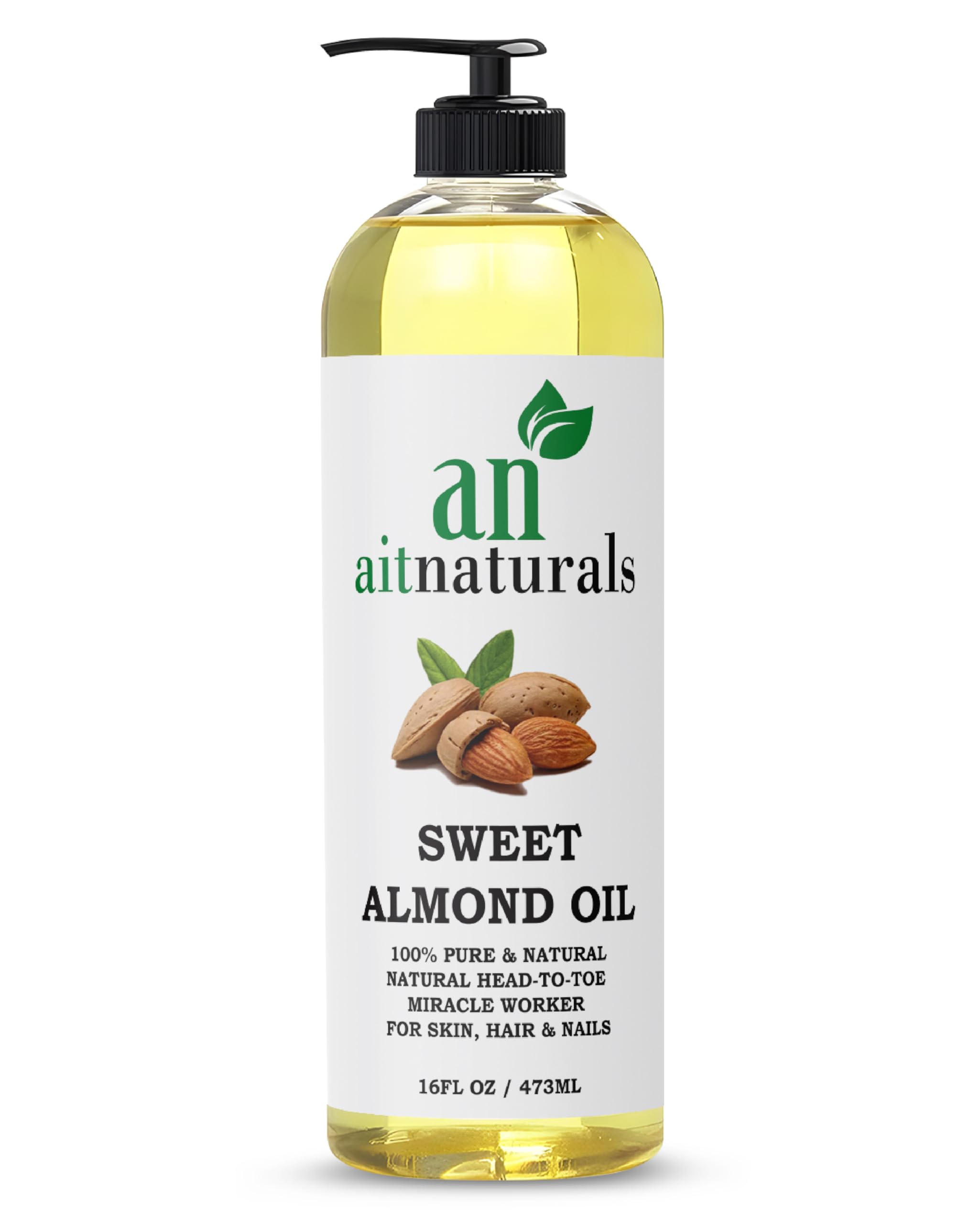 Aitnaturals Organic Sweet Almond Oil - 473ml | 100% Pure, Cold-Pressed | Ideal for Hair Growth, Nails, Glowing Skin and Face | Vitamin E Carrier Oil for Moisturizing, Facial Polish and Body Massages