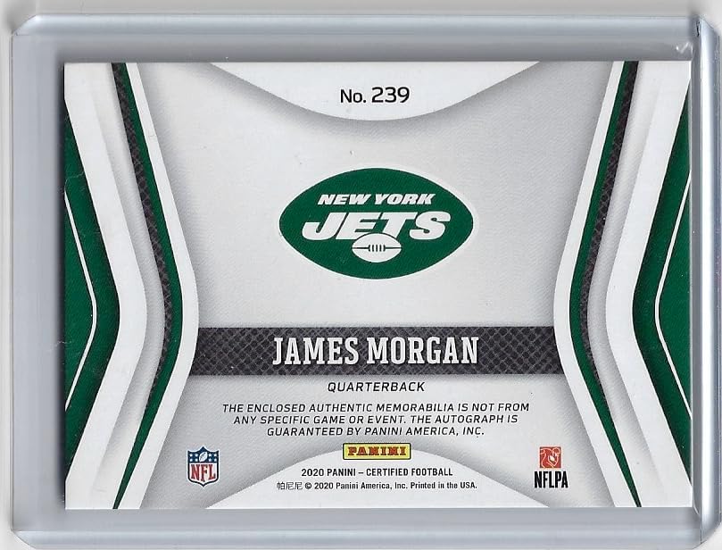 James Morgan Autographed & Serial Numbered #65/99 Freshman Fabric Blue Rookie Patch Jersey Relic Memorabilia Collectible Football Card - 2020 Leaf Certified Football Card #239 (Jets)