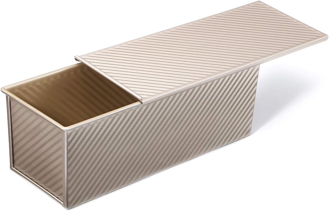 Monfish Pullman Loaf Pan w Cover large Toast Mold rectangle loaf pan w lid 2.2lb dough alluminumed steel champange gold non stick baking bread pan - Thumbnail 4