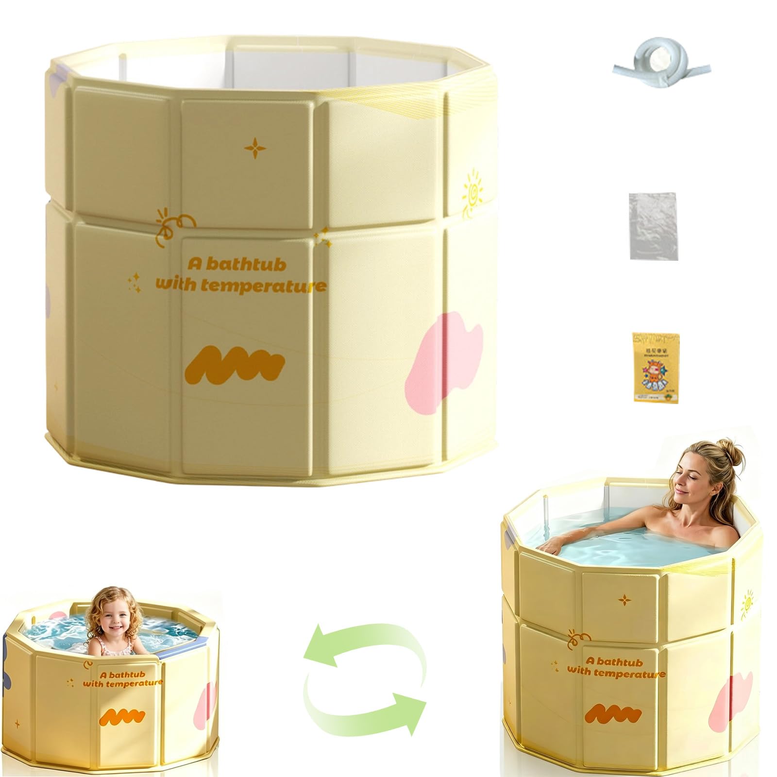 Baignoire pliable, jaune, 70 x 70 cm, pour adulte, portable, pliable, salle de bain familiale, spa, trempage, pas d'installation pour la maison et l'extérieur