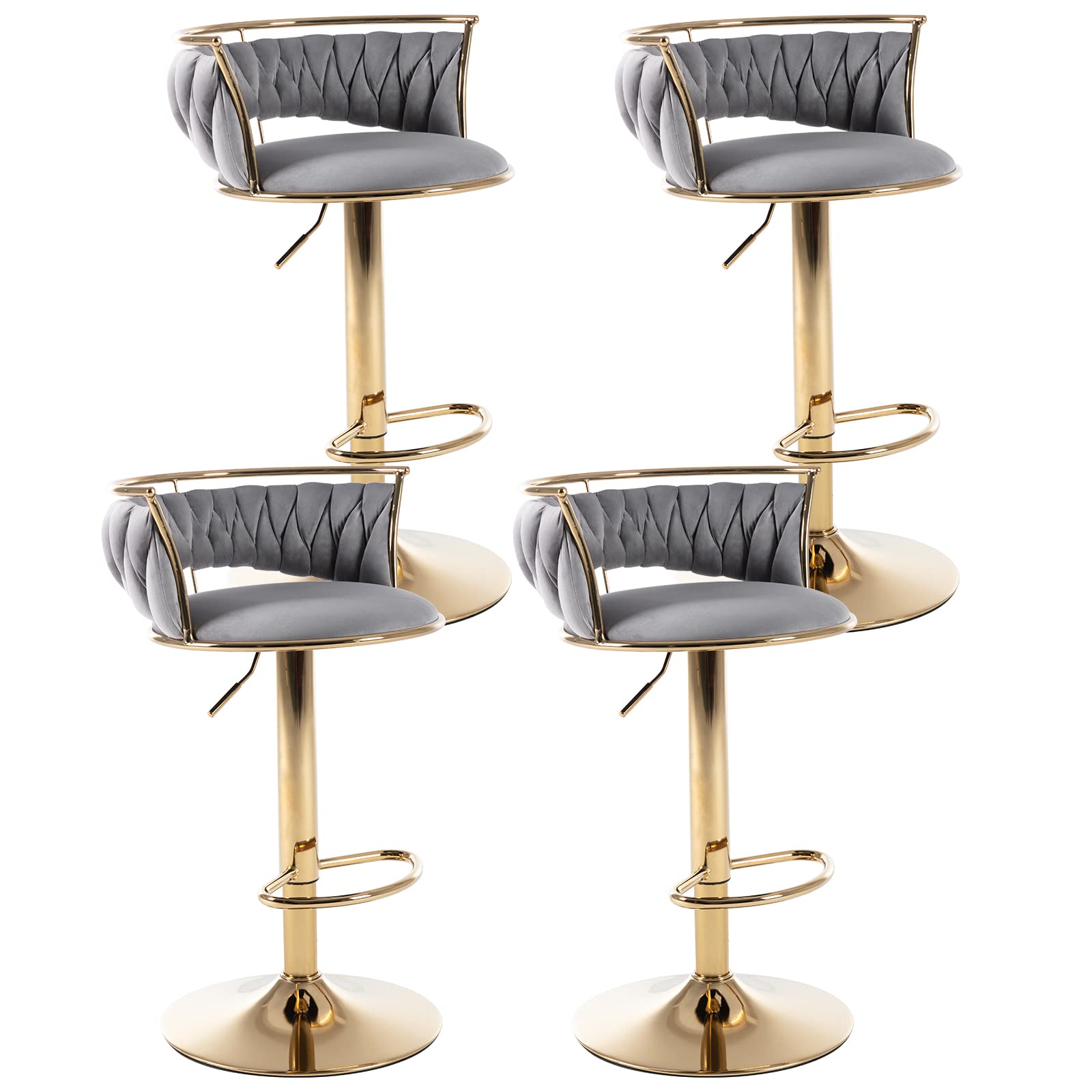 DUOMAY Modern Swivel Bar Stools Set of 4, Velvet Adjustable Height Barstools Low Back Kitchen Island Counter Bar Chair with Golden Base, Grey
