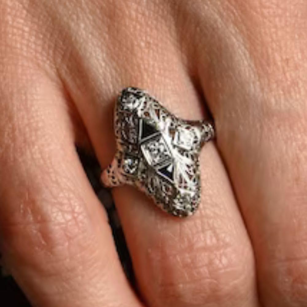 SilverDia 1 Ct Round Cut Sapphire Diamond Antique Cocktail Filigree Artistic Engagement Ring For Women 14K White Gold Finish Retro Edwardian Ring 925 Sterling Silver Handmade Anniversary Ring