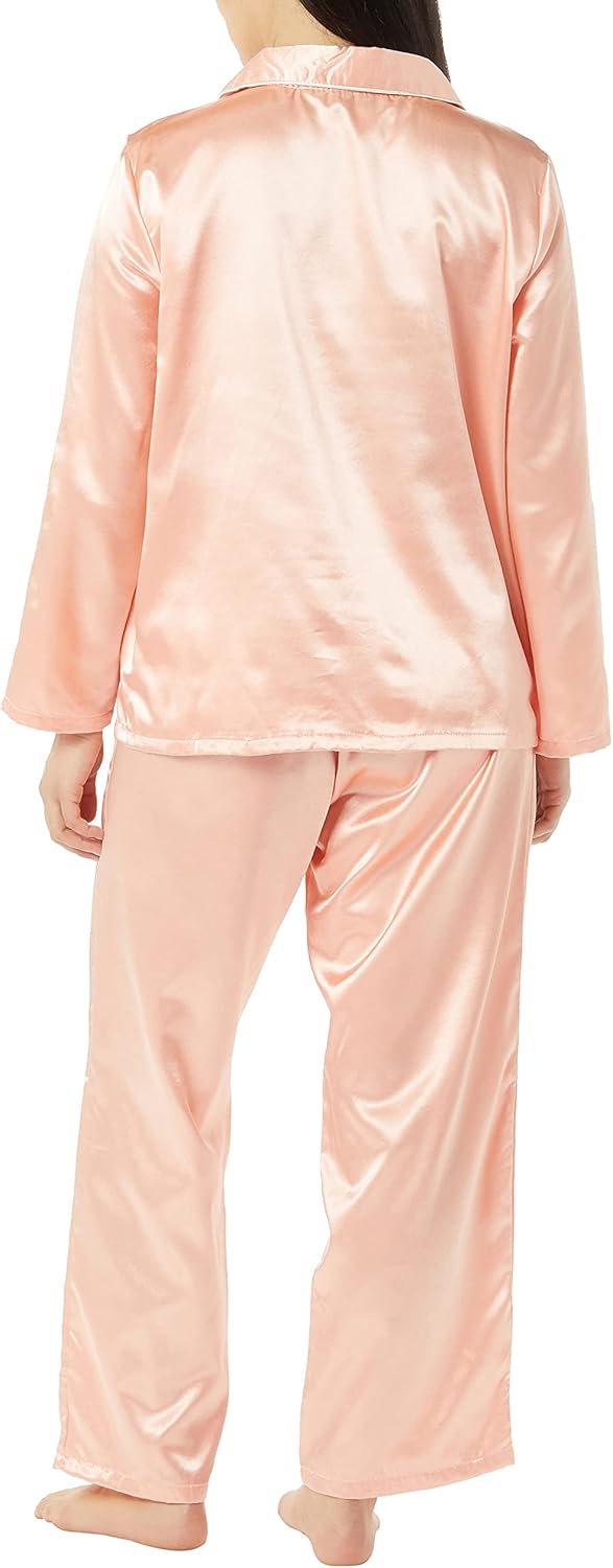 AmeriMark Womens Classic Satin Pajama Set Silky PJ Long Sleeves Button Up Front