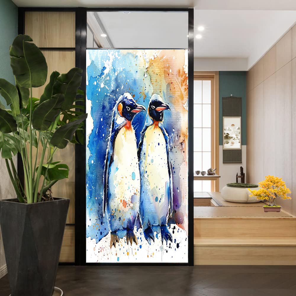 Abstrakter Pinguin-Fenster-Sichtschutzfolie, Retro-Blau, niedliches Tier, Milchglas-Fensterfolie, dekorative statische Haftung für Glas für Zuhause, 80 x 120 cm