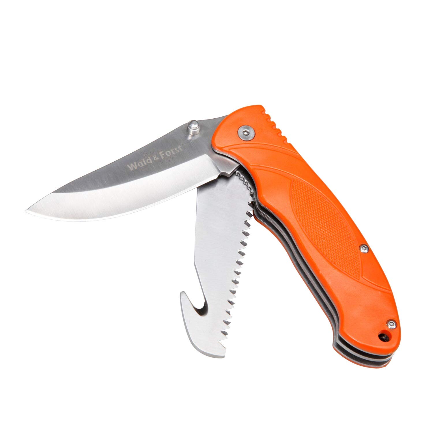 Wald & Forst Einhand-Jagdmesser Klappmesser mit Clip, Säge und Skinner, Signalorange, Aufbewahrungskoffer, 8 cm Klinge, 420-Stahl, Kunststoffgriff, 185 g, Faltbar, Wiederverwendbar, Jagd