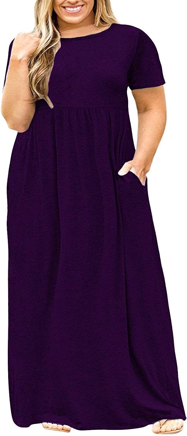 Women's Short Sleeve Plus Size Maxi Dress with Pockets Loose Casual Summer Dresses XL-5X