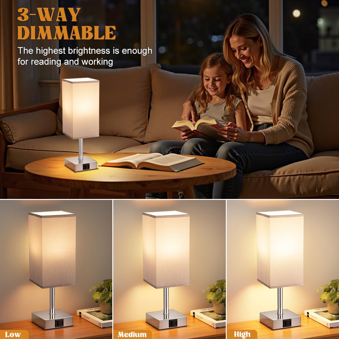 Aooshine Grey Bedside Lamp, Small Lamps with Square Fabric Shade,Silver Base(Bulb Included), B-grey - Image 3