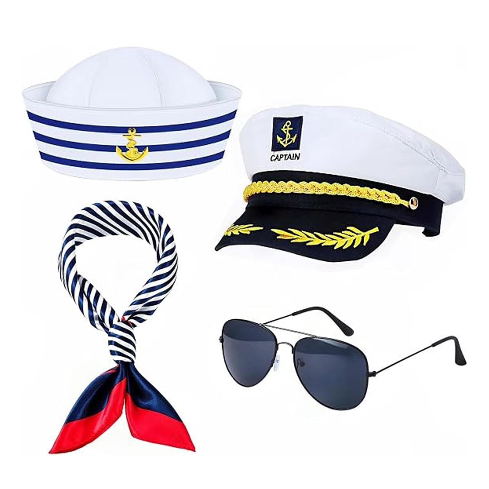 WQorphix 4Pcs Nautical Sailor Accessory Set, Boat Captain Hat & Sailor Hat with Scarf and Sunglasses, Sailor Hats for Adults, Classic Sailor Costume Accessories for Themed Party Cruise Halloween