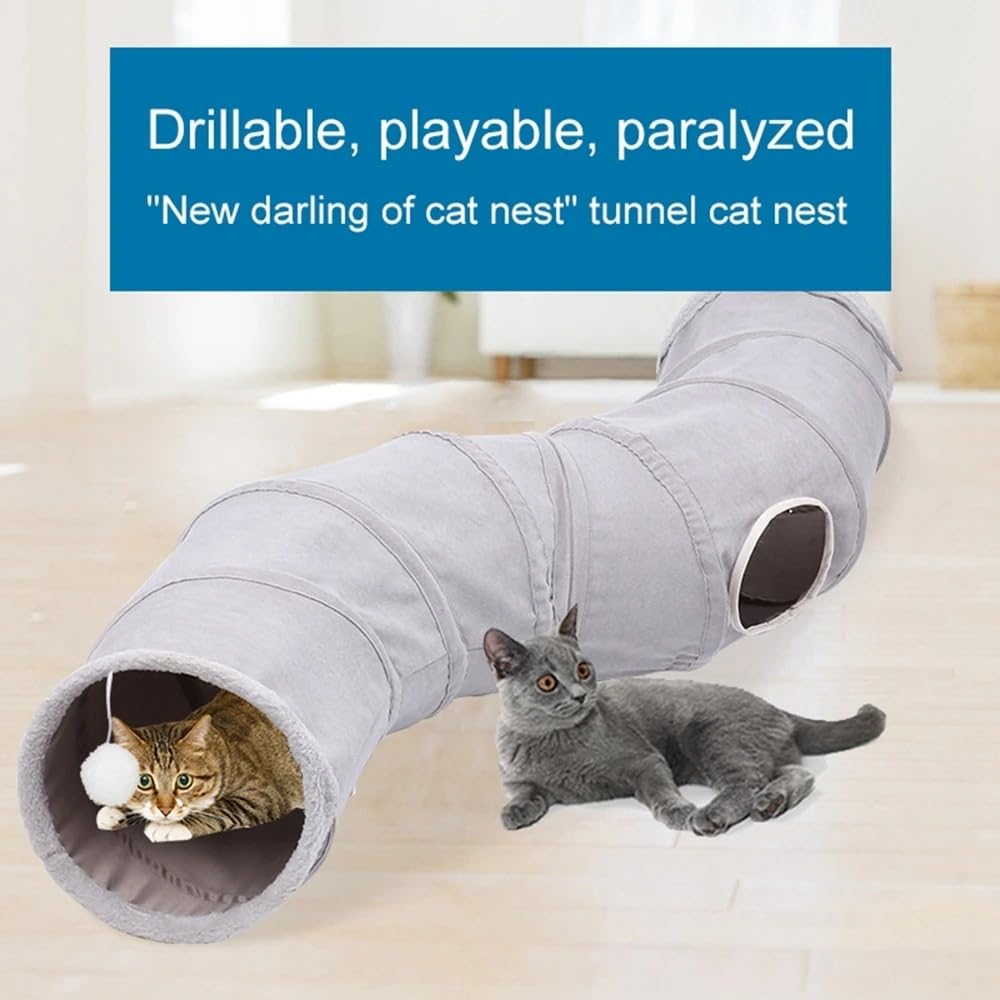 Tunnel pour Chat D'intérieur Jouets Pliables pour Chat Tube De Jeu en Forme De S Tunnel Froissé en Daim Gris pour Animaux De Compagnie avec Balle