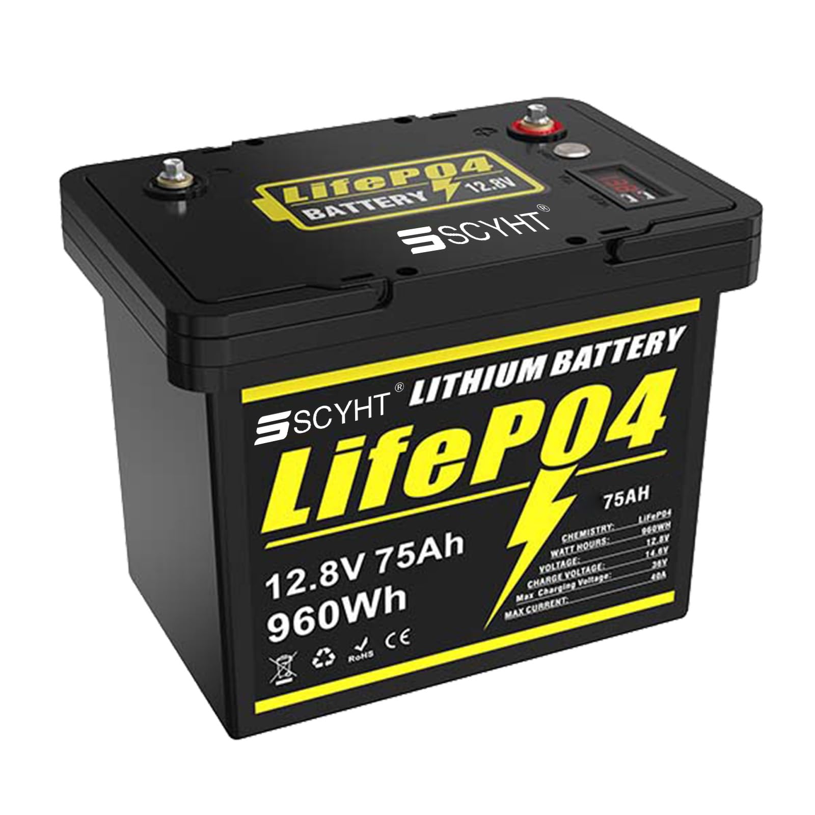 Batería LiFePO4 12,8 V Batería de Litio 75 Ah Baterías de Ciclo Profundo 12,8 V Baterías Repuesto para energía Solar con BMS y Pantalla para Motores 250 W a 1000 W.