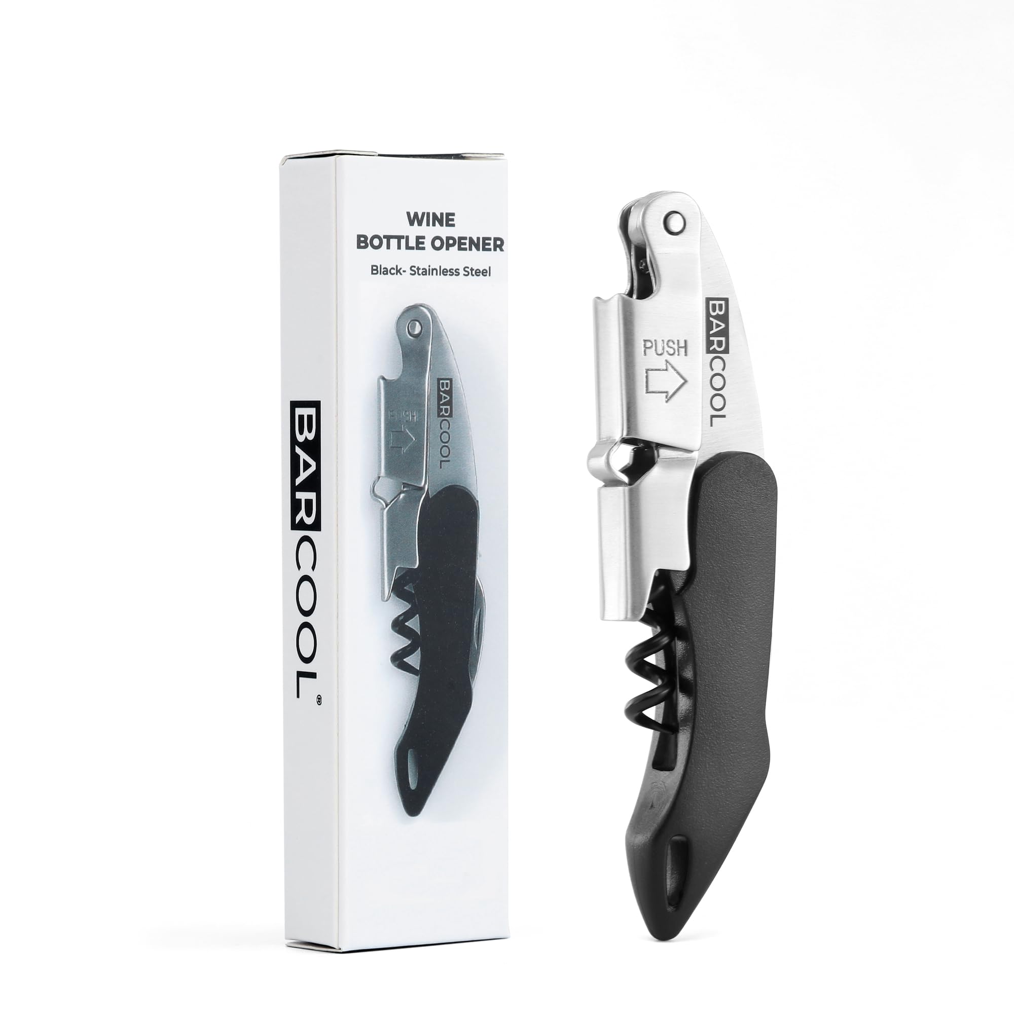 Barcool Professional Wine Opener | Waiter's Friend All-in-One Corkscrew and Bottle Opener with Double-Hinged Fulcrum & Foil Cutter | Perfect for Sommeliers, Waiters, and Bartenders - Black