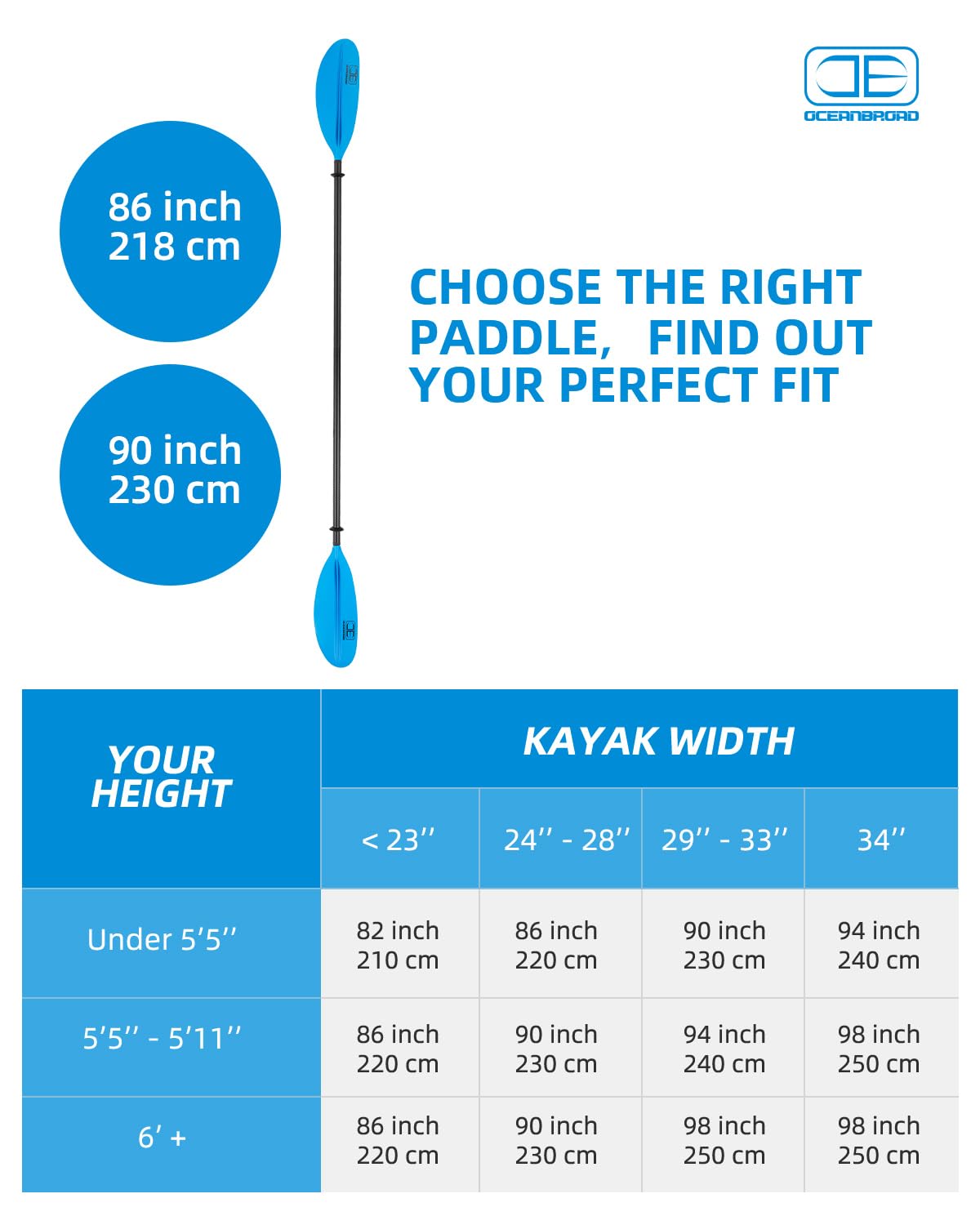 OCEANBROAD Pagaia per kayak in fibra di carbonio, 230 cm, 218 cm, per adulti, kayak, canottaggio, canoa, remo, con guinzaglio