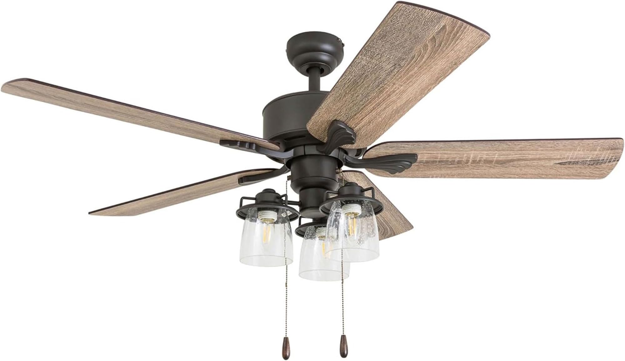 River Run 52" Farmhouse LED Ceiling Fan with Light and Pull Chain, Bronze - Large Indoor Electric Fan with 3 Mounting Options, 5 Dual Finish Blades, and Reversible Motor
