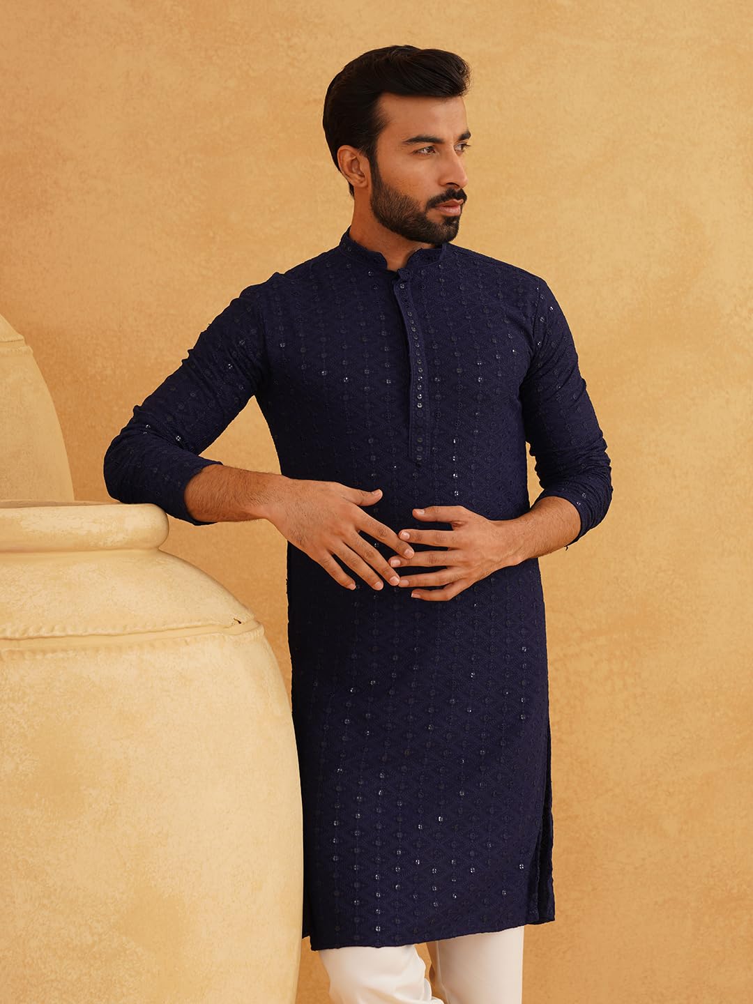 Sojanya (Since 1958 Men's Ethnic Motifs Embroidered Sequinned Navy Blue Cotton Long Kurta