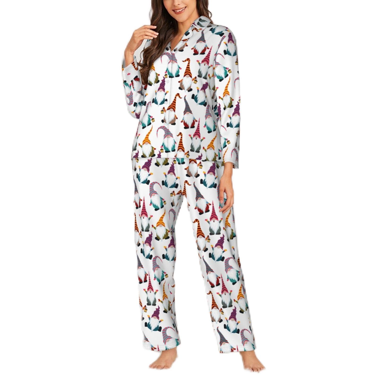 Yyoretp Women's Xmas Funny Gnomes Print Long Sleeve Pajamas Button Down 2 Piece Pjs with Pockets,Warm Sleepwear Black