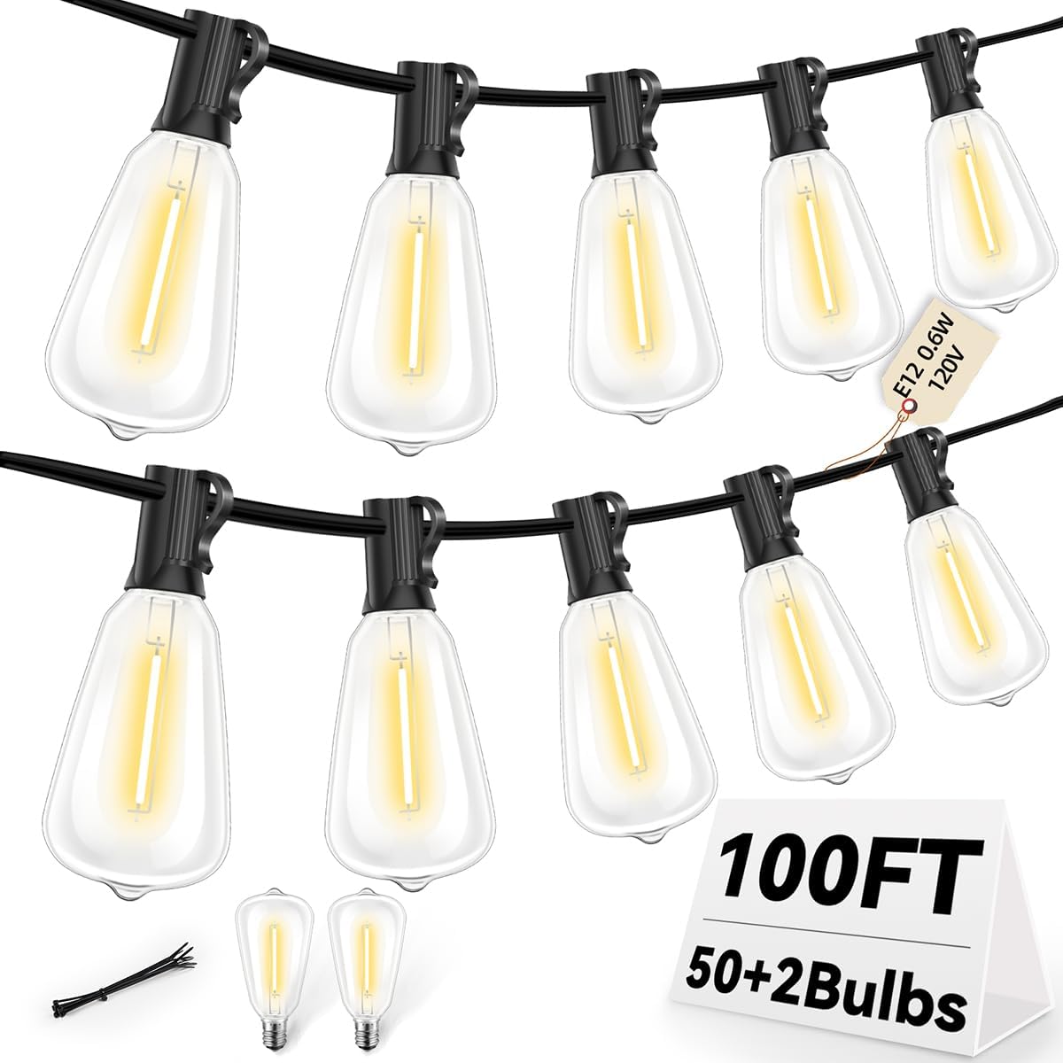 ST38 100FT LED Outdoor String Lights with 50 Shatterproof ST38 Bulbs+2 Spares, 2700K Warm White – for Backyard, Patio, Garden, Wedding, Party, Christmas, Porch, Deck, Gazebo, Bistro, Camping Decor ST38 0.6W 100FT 2700K