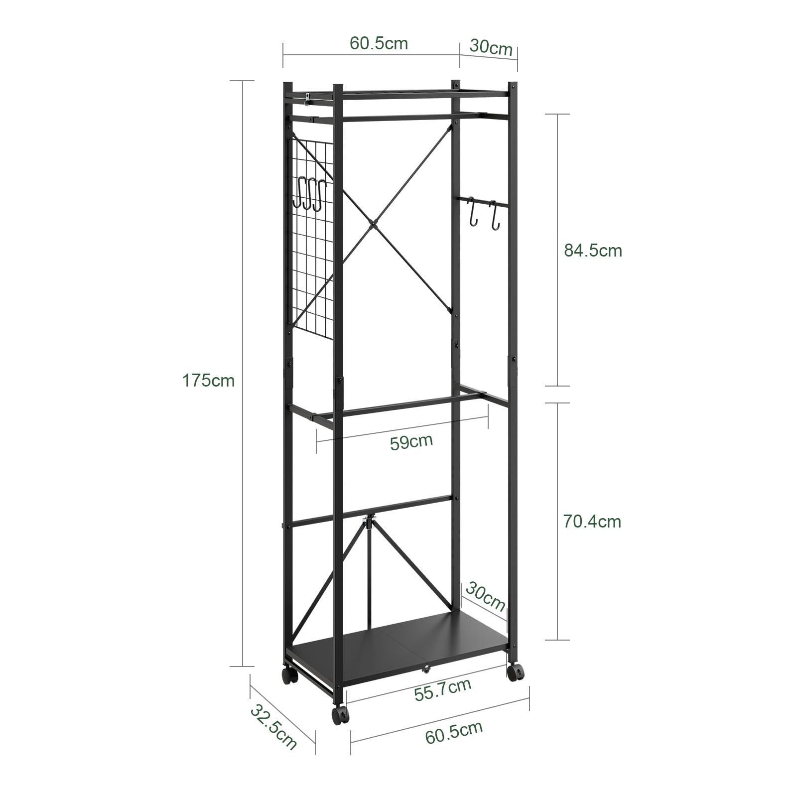SoBuy Klappbarer Kleiderständer Schmal auf Rollen, 60,5x32,5x175cm | mit Schuhablage, Haken & Gepäckständer für Schlafzimmer Flur Wäscheraum, werkzeugfreie Montage, Schwarz, KLS21-SCH